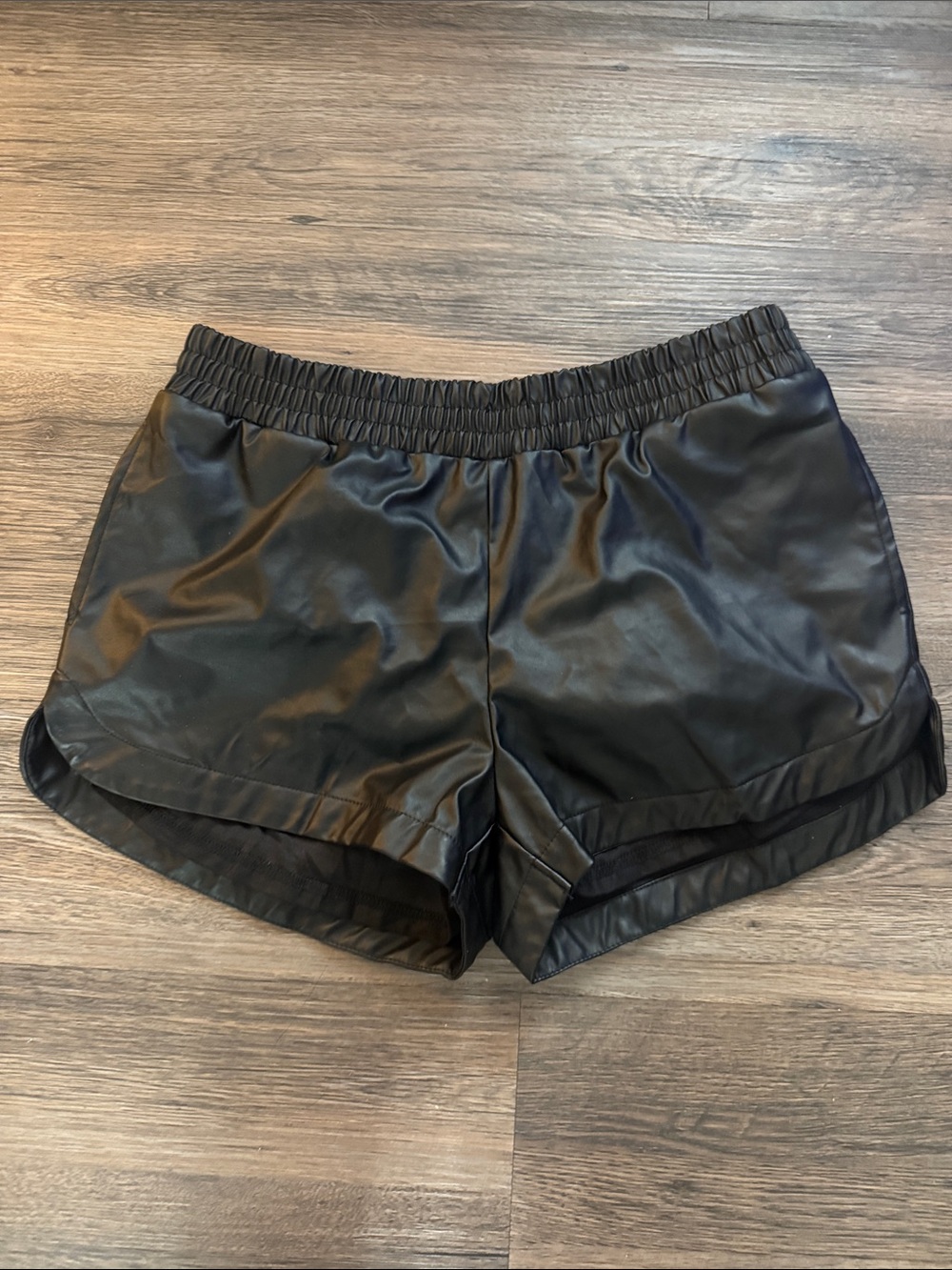 Women's Black Faux Leather Athletic Shorts with Elastic Waist